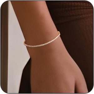 Adjustable Tennis Bracelets for Women Gold/Silver Dainty 14K Gold Plated Cubic Zirconia Bracelets for Women Bling Diamond Bracelet for Prom Wedding 6.7-7.7Inch