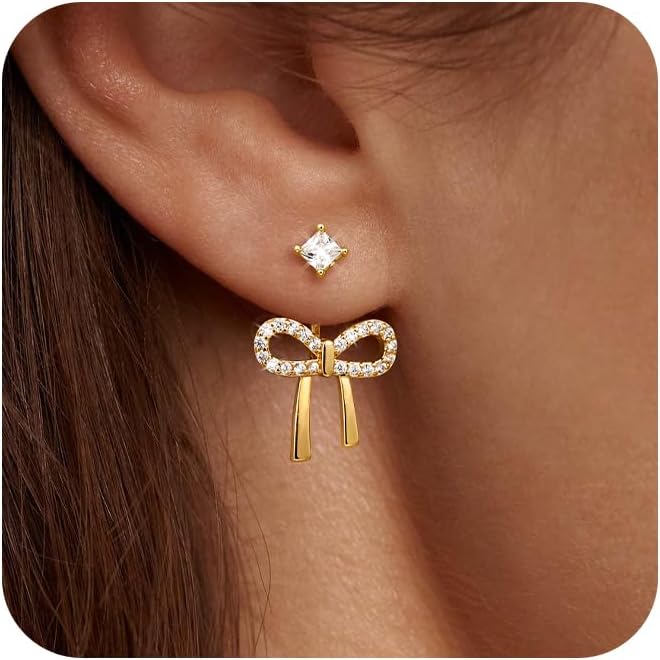 14K Gold Plated/Silver Earrings for Women Trendy, Dainty Bow Earrings for Women Cute Pearl Huggie Earring Hoops Twist Rope Bow Stud Pearl Dangle Cubic Zirconia Earrings Jewelry Gifts