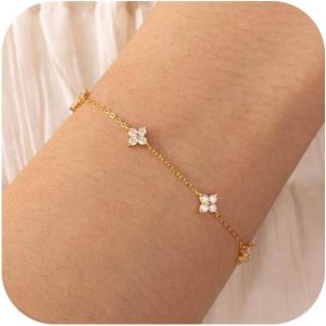 Bracelets for Women 14K Gold Silver Plated Ring Bracelet Hand Chain Dainty Evil Eye Heart Clover Daisy Cubic Zirconia Stackable Link Chain Hypoallergenic Body Jewelry Cute Trendy Gifts