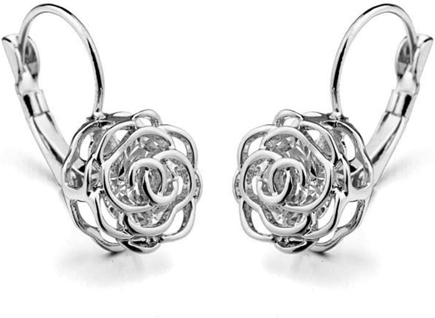 Blooming Filigree 3D Rose Flower Crystal Leverback Dangle Drop Earrings for Women Sensitive Ear Sweet Dangling for Lovers Wedding Elegant Diamond Jewelry Gifts Hypoallergenic Her Girlfriend Valentines Day