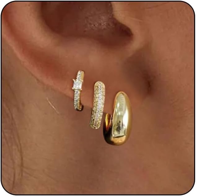 Gold Hoop Earrings Set for Women Trendy, 14K Gold Plated Lightweight Small Gold/Silver Hoop Earrings for Women Chunky Open Hoops Earrings Jewelry Gifts