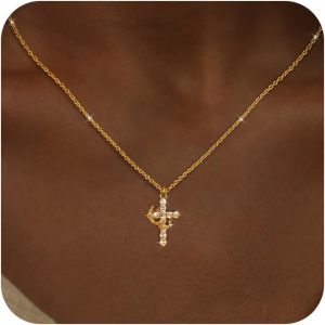 Christmas Gift Crown Cross Necklaces for Women Non Tarnish Dainty 14K Gold/Silver/Rosegold Plated  Pendant Necklace for Women Trendy Simple Cross Charm Jewelry for Women
