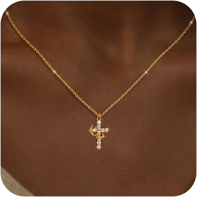 Christmas Gift Crown Cross Necklaces for Women Non Tarnish Dainty 14K Gold/Silver/Rosegold Plated Pendant Necklace for Women Trendy Simple Cross Charm Jewelry for Women