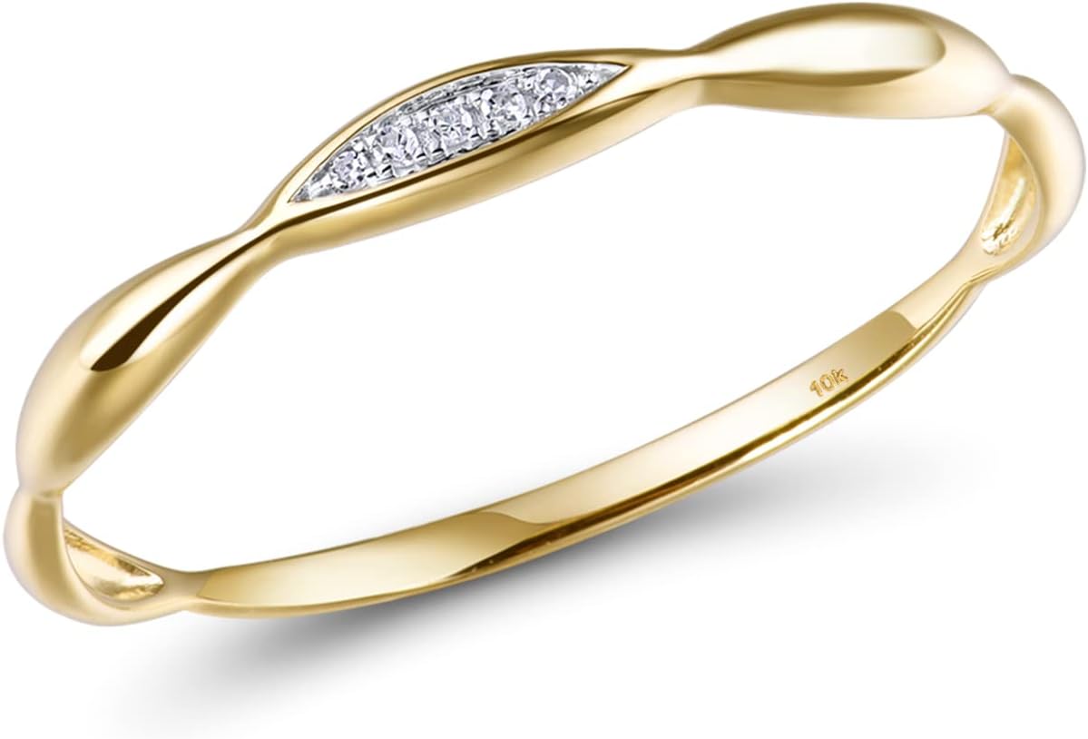 10K Solid Gold Genuine Diamond Dainty Twisted Stacking Ring for Women