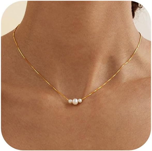 Gold Pearl Necklaces for Women Trendy, 14K Gold Plated Dainty Necklace Simple Layered Pearl Necklaces for Women Trendy Wedding Birthday Jewelry