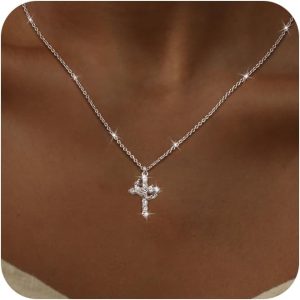 Christmas Gift Crown Cross Necklaces for Women Non Tarnish Dainty 14K Gold/Silver/Rosegold Plated  Pendant Necklace for Women Trendy Simple Cross Charm Jewelry for Women