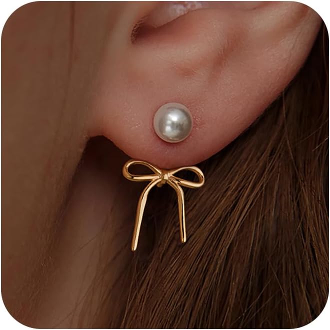 14K Gold Plated/Silver Earrings for Women Trendy, Dainty Bow Earrings for Women Cute Pearl Huggie Earring Hoops Twist Rope Bow Stud Pearl Dangle Cubic Zirconia Earrings Jewelry Gifts