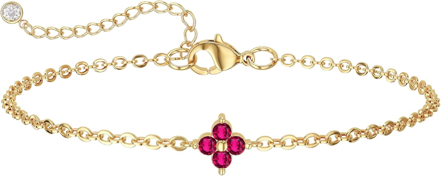 Gold Birthstone Bracelet for Women, Dainty 12 Months Birthday Crystal Charm Chain Bracelet, Adjustable Meaningful Gift for Sister Girlfriend Wife Mom, Non-Tarnish Gold Plated Jewelry