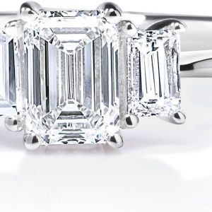 1/2 Cttw Lab Created Emerald Cut Diamond Ring for Women Three Stone Engagement Band Rhodium Plated 925 Sterling Silver