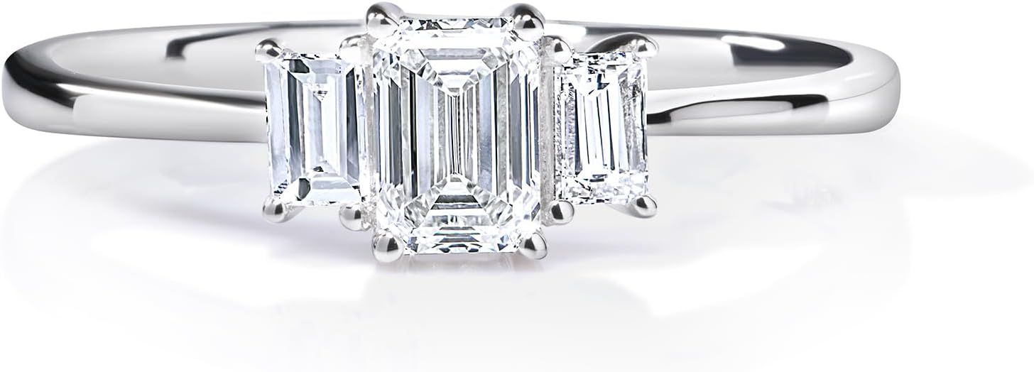 1/2 Cttw Lab Created Emerald Cut Diamond Ring for Women Three Stone Engagement Band Rhodium Plated 925 Sterling Silver