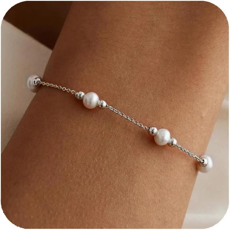 Gold Pearl Bracelets for Women Trendy 14k Gold Plated Dainty Pearl Beaded Bracelets Adjustable Chain Wedding Bridesmaid Bracelet Gold Jewelry Women Gifts Her