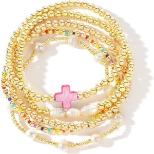14K Gold Pearl Beaded Cross Bracelets Stack Set for Women,Stretch Boho Colorful Christian Bea Ball Jewelry Trendy Gift