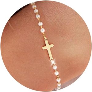 Christmas Gifts Sotcking Stuffers, Dainty 925 Sterling Silver/14k Gold Plated Cross Bracelet Layered Snake Pearl Chain Knot Bracelets for Women Trendy Religious Christian Jewelry