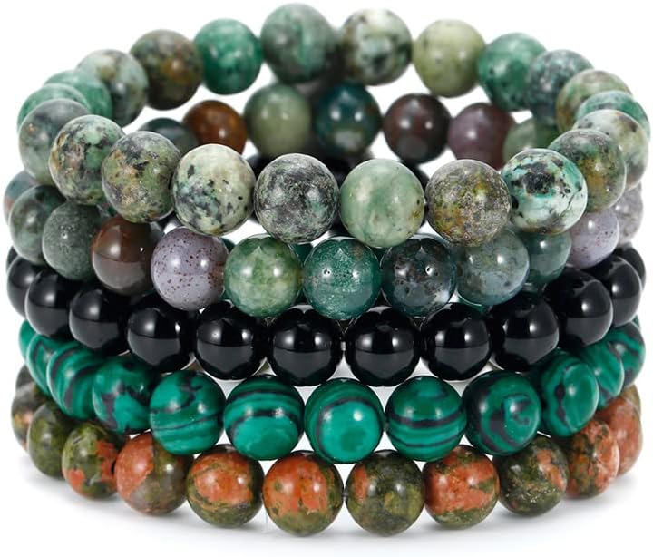 5PCS Semi-Precious Gemstone Bracelet - Healing Crystal Stone Beaded Bracelets for Women Men 8mm Round Beaded Stretch Bracelets Unisex Yoga Bracelets
