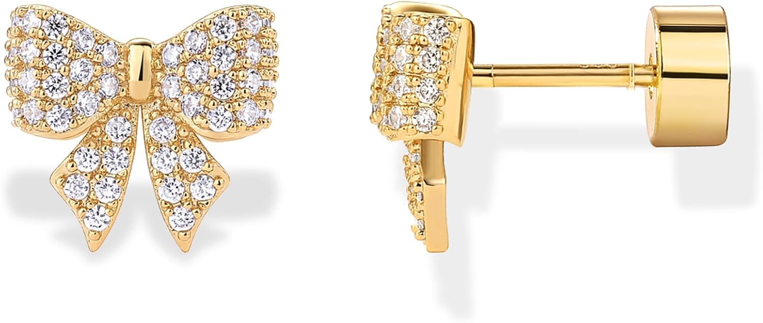 14K Gold Plated Dainty Flat Back Earrings for Women - Hypoallergenic Sterling Silver Posts Helix Cartilage Piercing Jewelry - Emoji Motif Bow Celestial Flatback Gold Stud Earrings Screw Back