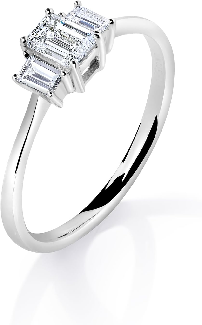 1/2 Cttw Lab Created Emerald Cut Diamond Ring for Women Three Stone Engagement Band Rhodium Plated 925 Sterling Silver - Image 2