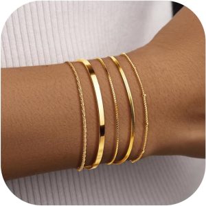 Thin Gold Bracelet for Women Stack, Gold Bracelet Stack Dainty Set with Bangle Cuff, Box, Herringbone, Paperclip, Figaro, Sparkling Chains, Simple Waterproof Non Tarnish Minimalist Gifts for Women Trendy