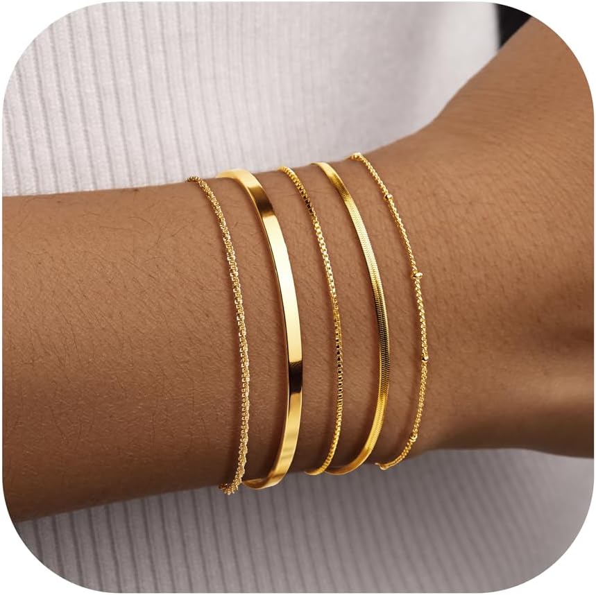 Thin Gold Bracelet for Women Stack, Gold Bracelet Stack Dainty Set with Bangle Cuff, Box, Herringbone, Paperclip, Figaro, Sparkling Chains, Simple Waterproof Non Tarnish Minimalist Gifts for Women Trendy
