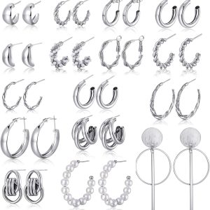 16-24 Pairs Gold Silver Black Earring Set for Women, Chunky Earring Multipack Punk Trendy Big Small Stud Hoop Earring Lightweight Twisted Pearl Ear Pack For Daily Birthday Party Gift