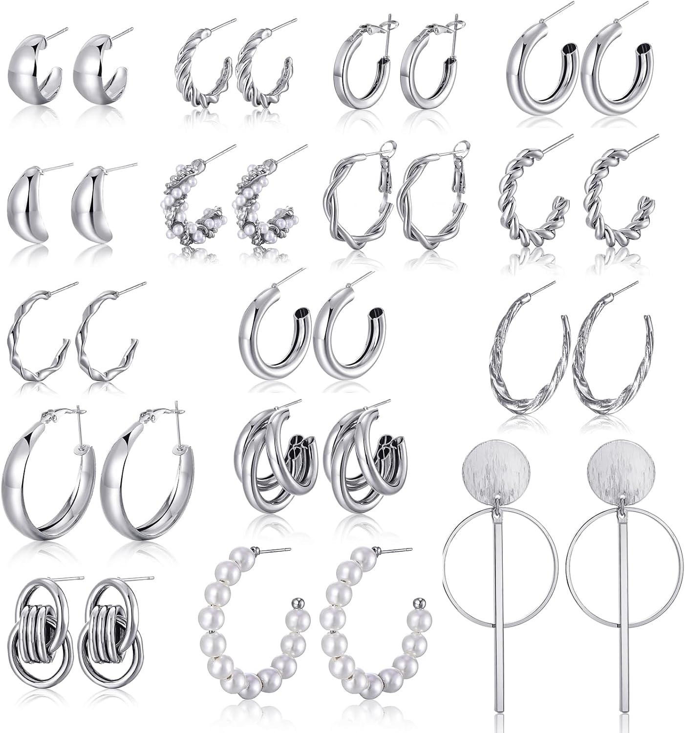 16-24 Pairs Gold Silver Black Earring Set for Women, Chunky Earring Multipack Punk Trendy Big Small Stud Hoop Earring Lightweight Twisted Pearl Ear Pack For Daily Birthday Party Gift