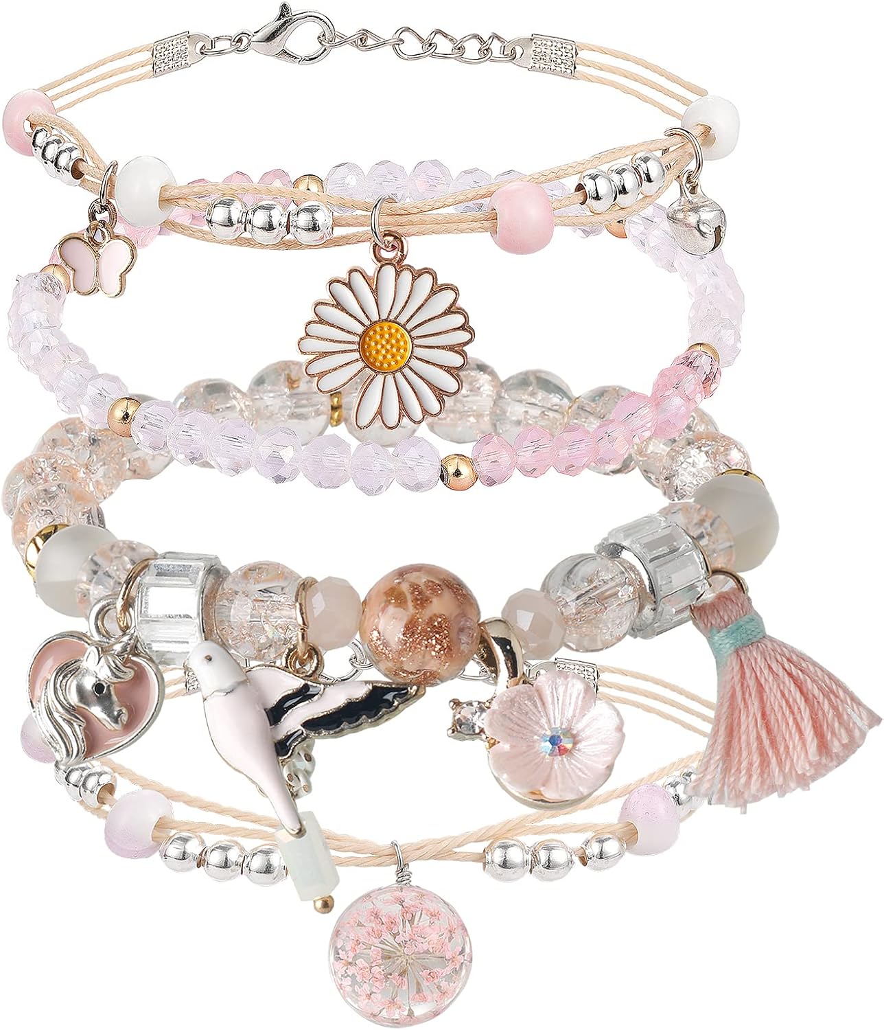 4PCS Beaded Charm Bracelets for Teen Girls Dainty cute cartoon Crystal Bea Pearl Bracelets anklets set for woman and girls Adjustable Stretch bracelet birthday Gift For Frien