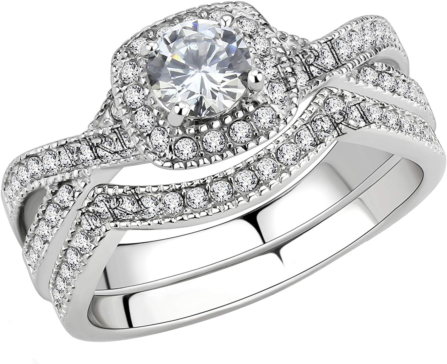 Stainless Steel Rings for Women Infinity Wedding Set Round Cubic Zirconia Halo Engagement Bridal Jewelry Set