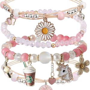 4PCS Beaded Charm Bracelets for Teen Girls Dainty cute cartoon Crystal Bea Pearl Bracelets anklets set for woman and girls Adjustable Stretch bracelet birthday Gift For Frien