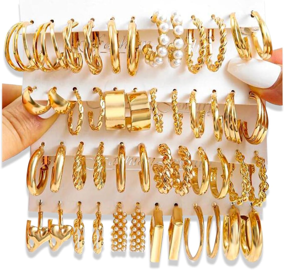 16-24 Pairs Gold Silver Black Earring Set for Women, Chunky Earring Multipack Punk Trendy Big Small Stud Hoop Earring Lightweight Twisted Pearl Ear Pack For Daily Birthday Party Gift