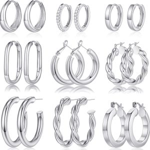 9 Pairs Gold Hoop Earrings for Women, 925 Sterling Silver Post 14K Real Gold Plated Chunky Hoop Earrings Set for Women Hypoallergenic Thick Lightweight Earring for Womens Jewelry Gifts