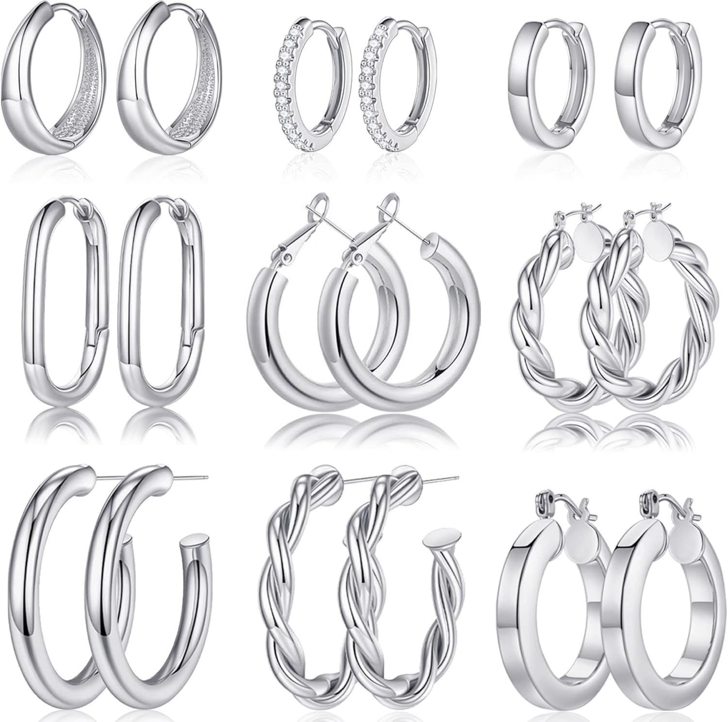 9 Pairs Gold Hoop Earrings for Women, 925 Sterling Silver Post 14K Real Gold Plated Chunky Hoop Earrings Set for Women Hypoallergenic Thick Lightweight Earring for Womens Jewelry Gifts