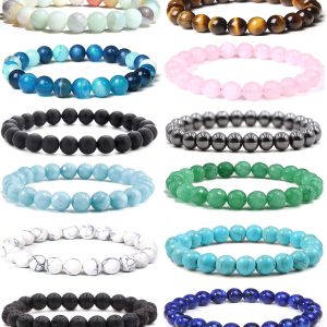 12Pcs Natural Stone Beaded Bracelets for Women Men Semi-Precious Gemstones Bracelets Crystal Beaded Bracelet Unisex Adjustable Stretch Bracelets 8MM