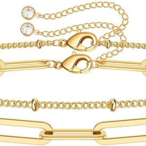 Dainty Gold Bracelets for Women, 14K Gold Plated Adjustable Layered Beads Bracelet Cute Evil Eye Oval Chain Pearl Bar Turtle Gold Bracelets for Women Jewelry