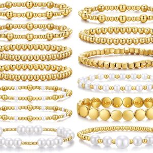 Gold Bracelets for Women Gold Bracelet Stack Pearl Beaded Bracelets for Women Strand Bead Ball Stretchable Elastic Bracelet Set Adjustable Fashion Accessories Jewelry for Gifts