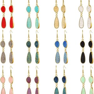 12 Pairs Faux Druzy Drop Earrings Crystal Pendant Dangle Multicolor Stainless Steel Earring for Women Christmas Party