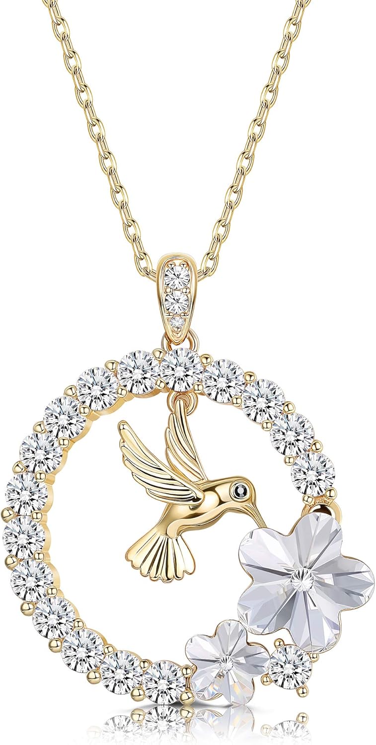 18K Gold Plated Hummingbird Pendant Necklace for Women Circle Necklace, Animal Necklace Crystals from Austria,Jewelry Gifts for Christmas