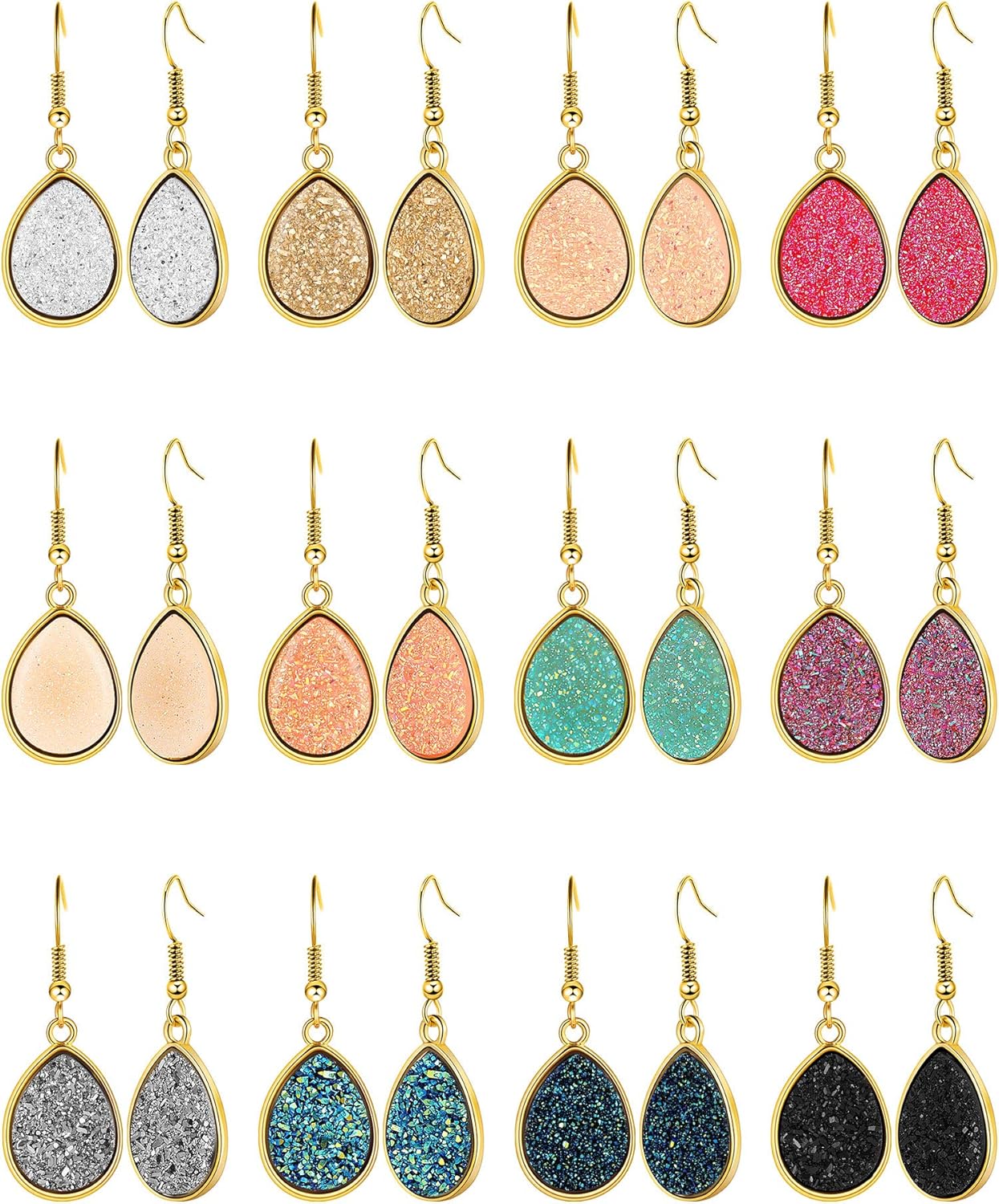 12 Pairs Faux Druzy Drop Earrings Crystal Pendant Dangle Multicolor Stainless Steel Earring for Women Christmas Party