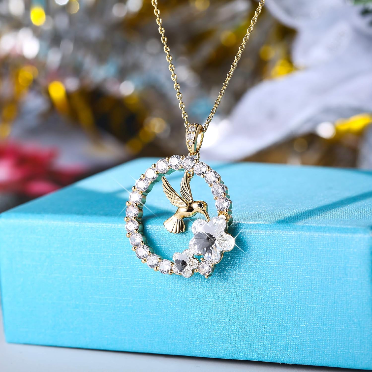 18K Gold Plated Hummingbird Pendant Necklace for Women Circle Necklace, Animal Necklace Crystals from Austria,Jewelry Gifts for Christmas - Image 2