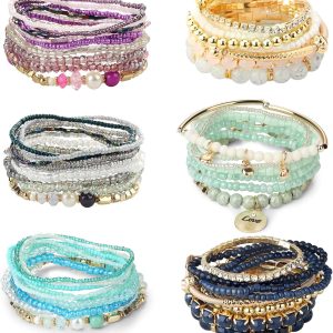 6 Sets Bohemian Stackable Bead Bracelets for Women Stretch Bohemian Style Stretch Multilayered Boho Bracelet Set