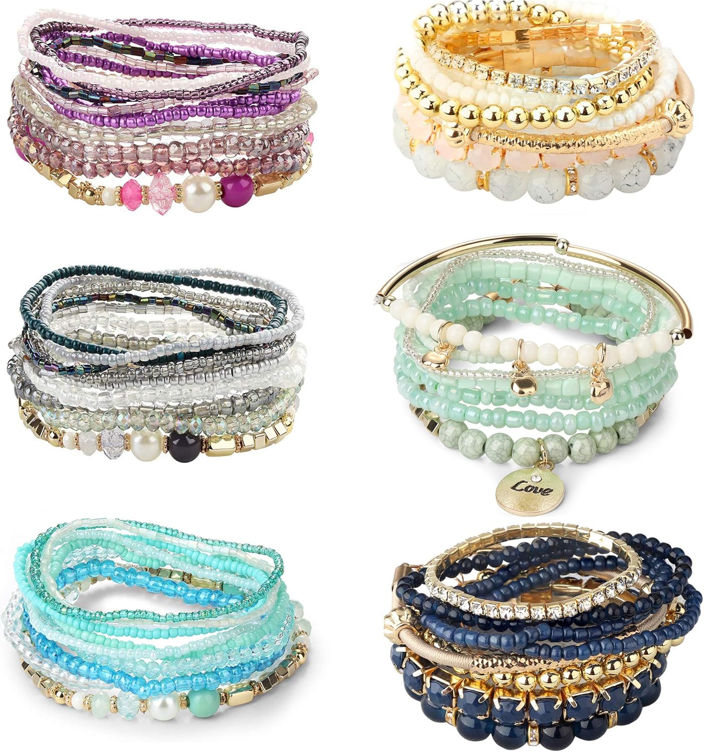 6 Sets Bohemian Stackable Bead Bracelets for Women Stretch Bohemian Style Stretch Multilayered Boho Bracelet Set
